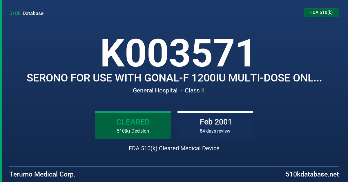 K003571 SERONO FOR USE WITH GONAL-F 1200IU MULTI-DOSE ONLY AT 600IU/ML SYRINGE FDA 510(k) Cleared Medical Device