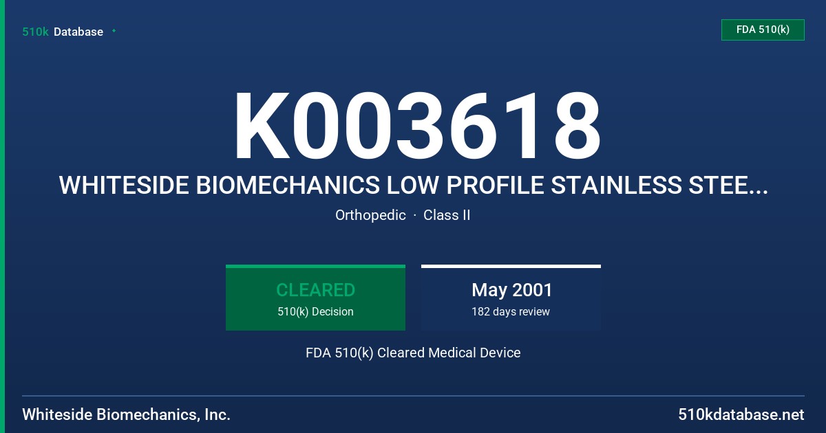 K003618 WHITESIDE BIOMECHANICS LOW PROFILE STAINLESS STEEL CABLE SYSTEM, MODEL BIO-1-1014 FDA 510(k) Cleared Medical Device