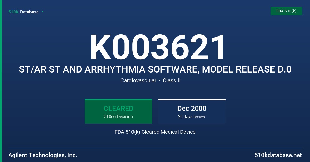 K003621 ST/AR ST AND ARRHYTHMIA SOFTWARE, MODEL RELEASE D.0 FDA 510(k) Cleared Medical Device