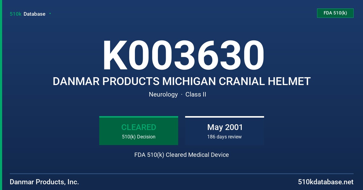 K003630 DANMAR PRODUCTS MICHIGAN CRANIAL HELMET FDA 510(k) Cleared Medical Device