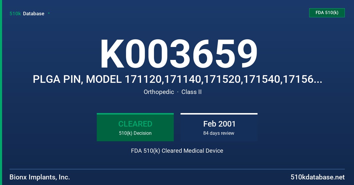 K003659 PLGA PIN, MODEL 171120,171140,171520,171540,171560,172020,172040,172060,173240,173260 FDA 510(k) Cleared Medical Device