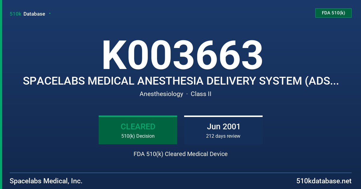 K003663 SPACELABS MEDICAL ANESTHESIA DELIVERY SYSTEM (ADS) WITH PRESSURE CONTROL MODE FDA 510(k) Cleared Medical Device