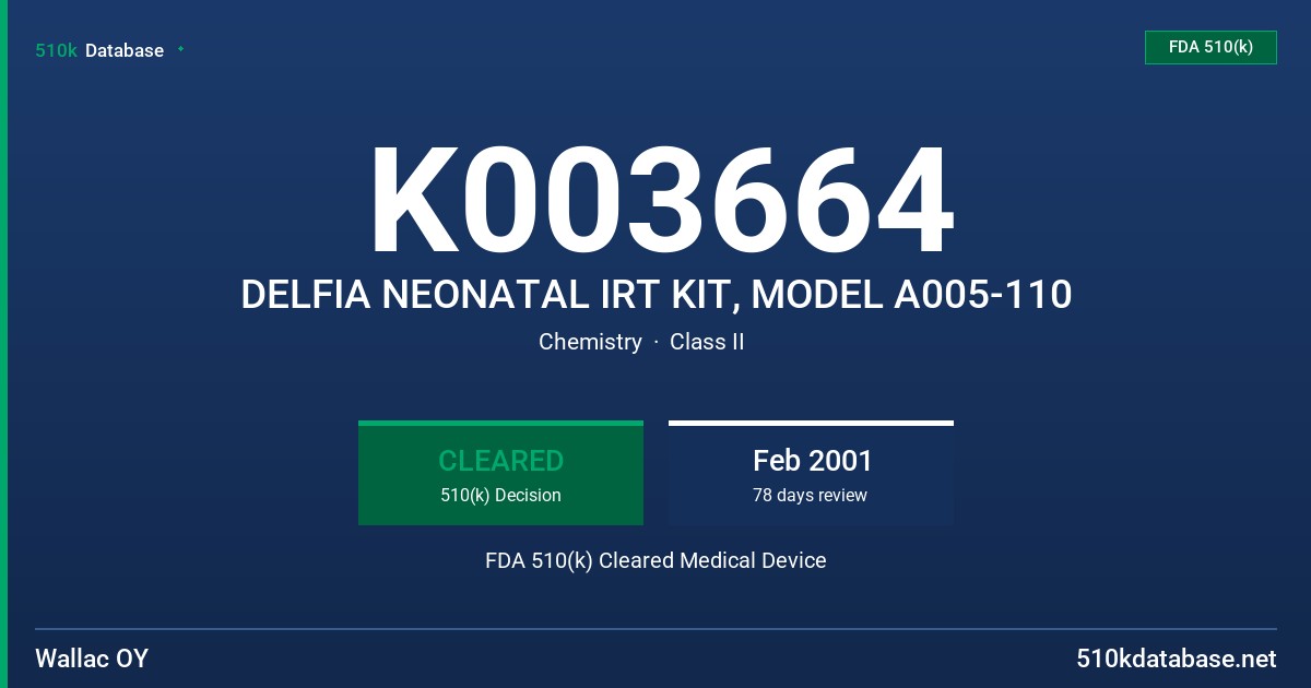 K003664 DELFIA NEONATAL IRT KIT, MODEL A005-110 FDA 510(k) Cleared Medical Device