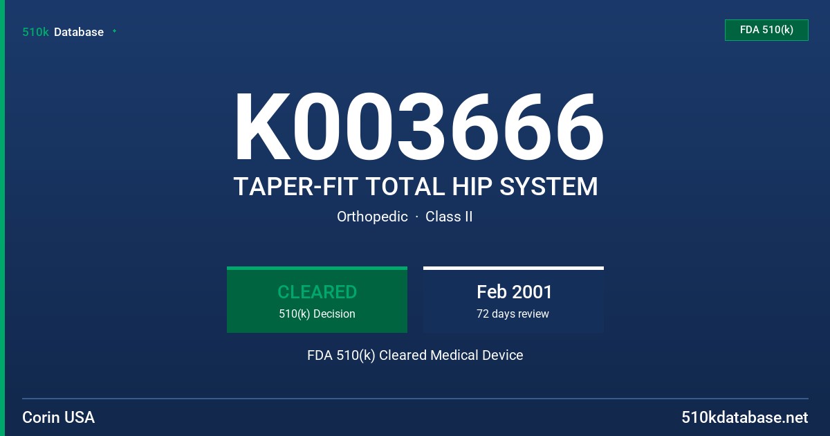 K003666 TAPER-FIT TOTAL HIP SYSTEM FDA 510(k) Cleared Medical Device