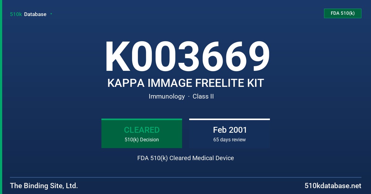 K003669 KAPPA IMMAGE FREELITE KIT FDA 510(k) Cleared Medical Device