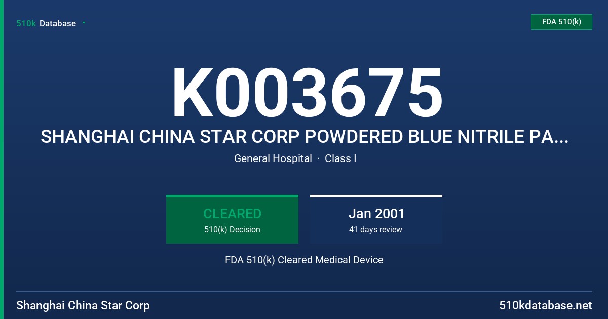 K003675 SHANGHAI CHINA STAR CORP POWDERED BLUE NITRILE PATIENT EXAMINATION GLOVES FDA 510(k) Cleared Medical Device