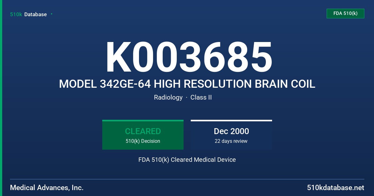 K003685 MODEL 342GE-64 HIGH RESOLUTION BRAIN COIL FDA 510(k) Cleared Medical Device
