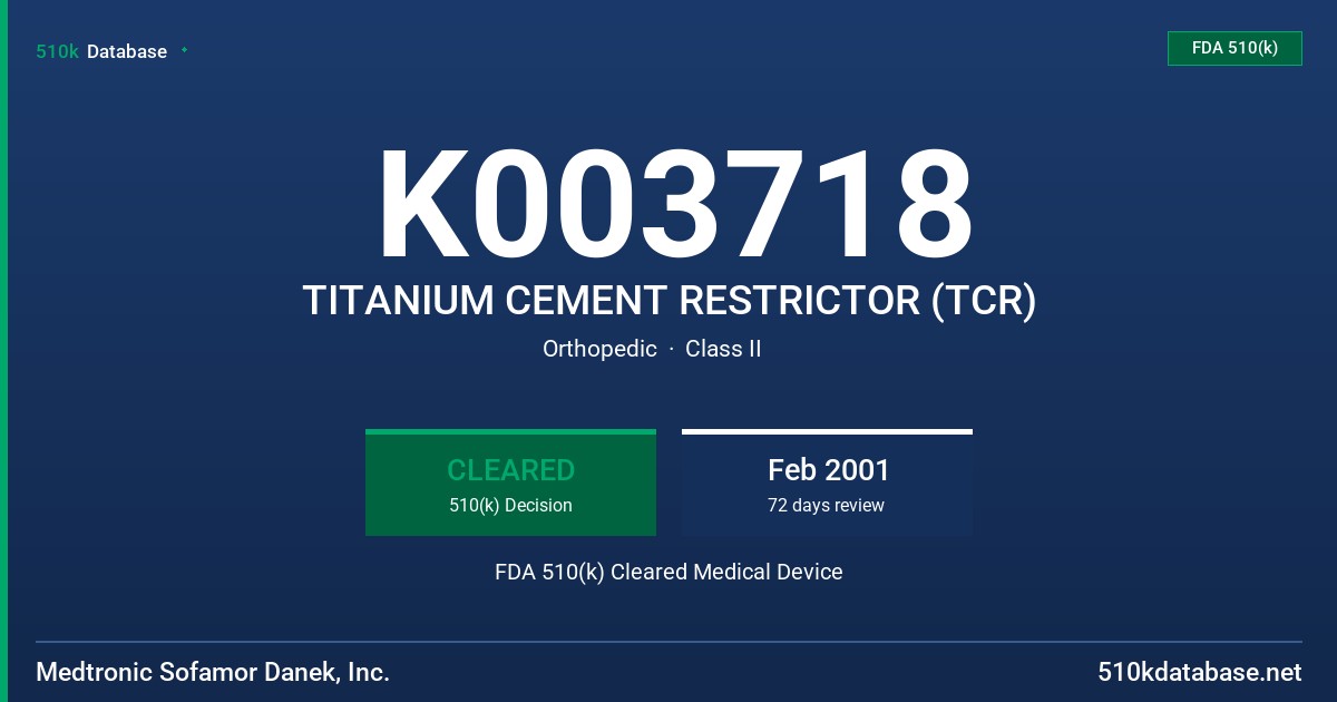 K003718 TITANIUM CEMENT RESTRICTOR (TCR) FDA 510(k) Cleared Medical Device