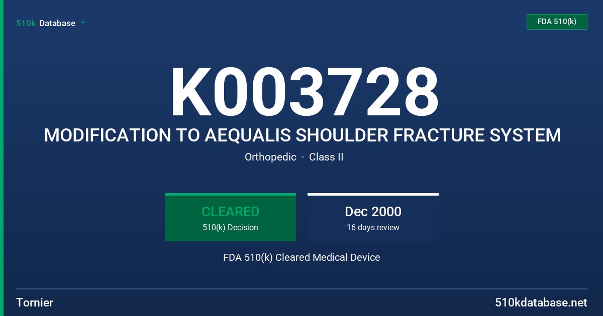 K003728 MODIFICATION TO AEQUALIS SHOULDER FRACTURE SYSTEM FDA 510(k) Cleared Medical Device