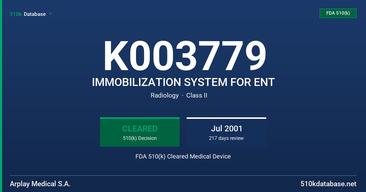 K003779 IMMOBILIZATION SYSTEM FOR ENT FDA 510(k) Cleared Medical Device