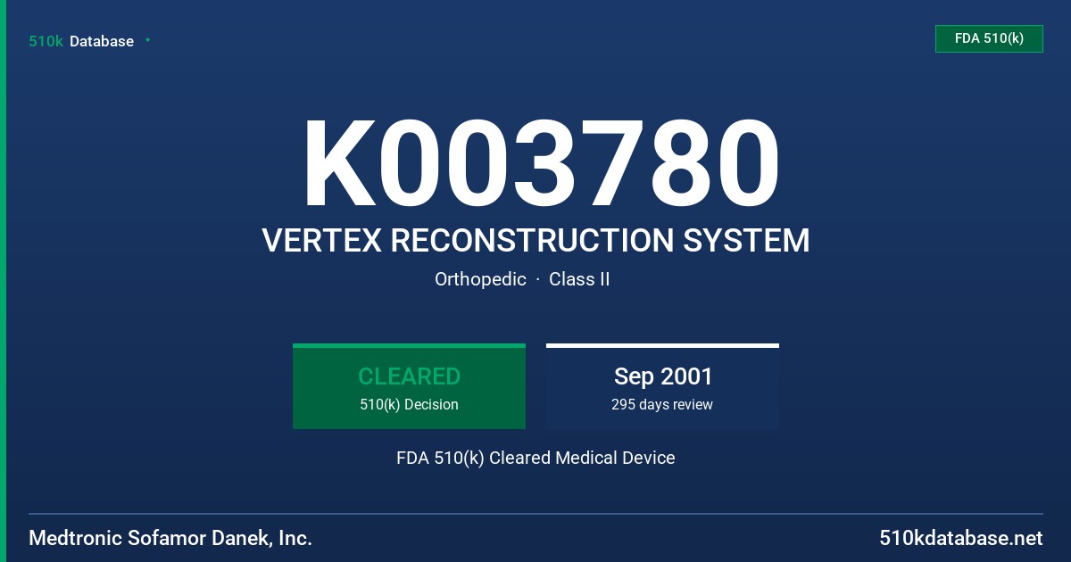K003780 VERTEX RECONSTRUCTION SYSTEM FDA 510(k) Cleared Medical Device