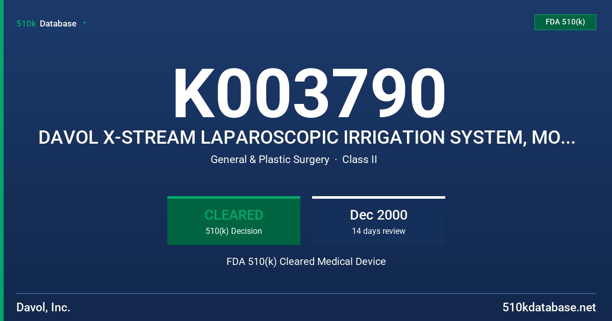 K003790 DAVOL X-STREAM LAPAROSCOPIC IRRIGATION SYSTEM, MODELS 5551000, 5552000, 5552001, 552002, 5552003, 5552004, 5552005 FDA 510(k) Cleared Medical Device