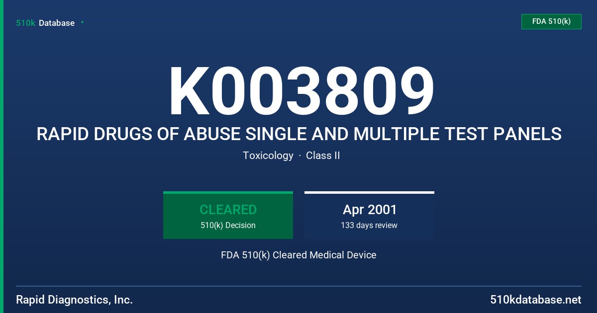 K003809 RAPID DRUGS OF ABUSE SINGLE AND MULTIPLE TEST PANELS FDA 510(k) Cleared Medical Device