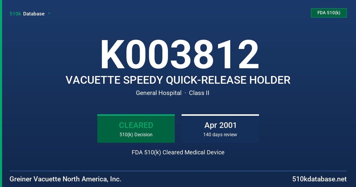 K003812 VACUETTE SPEEDY QUICK-RELEASE HOLDER FDA 510(k) Cleared Medical Device
