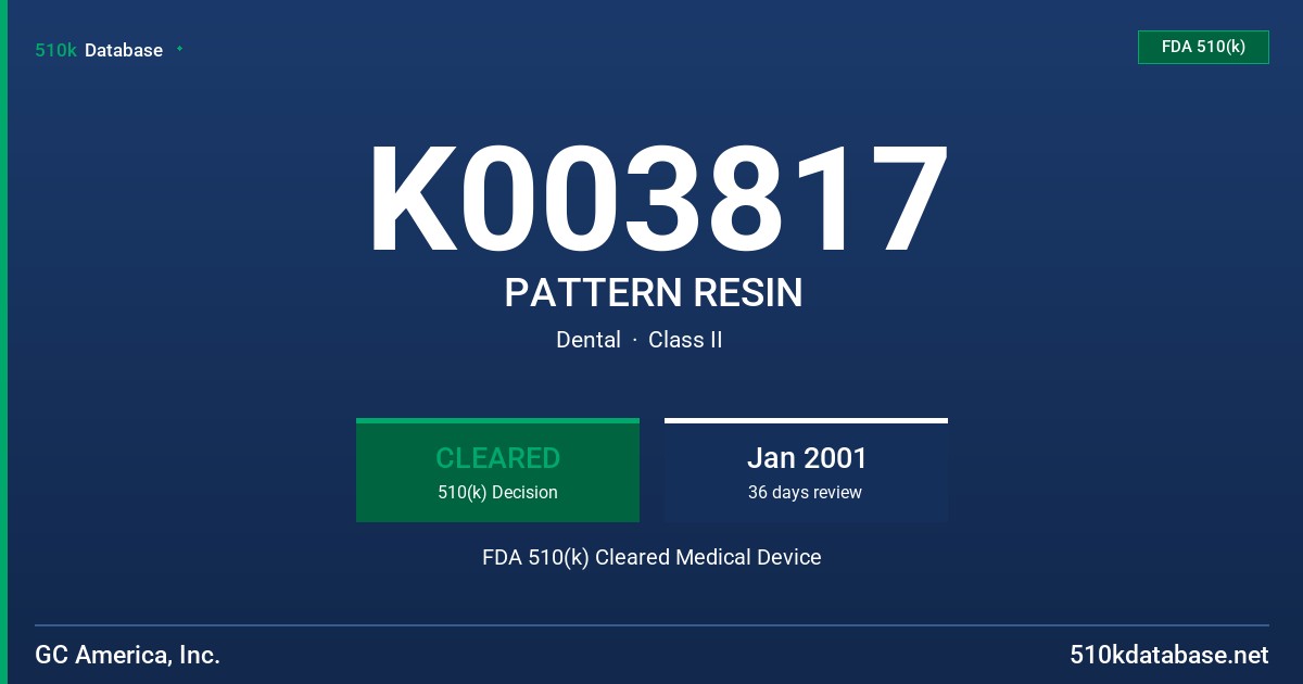 K003817 PATTERN RESIN FDA 510(k) Cleared Medical Device