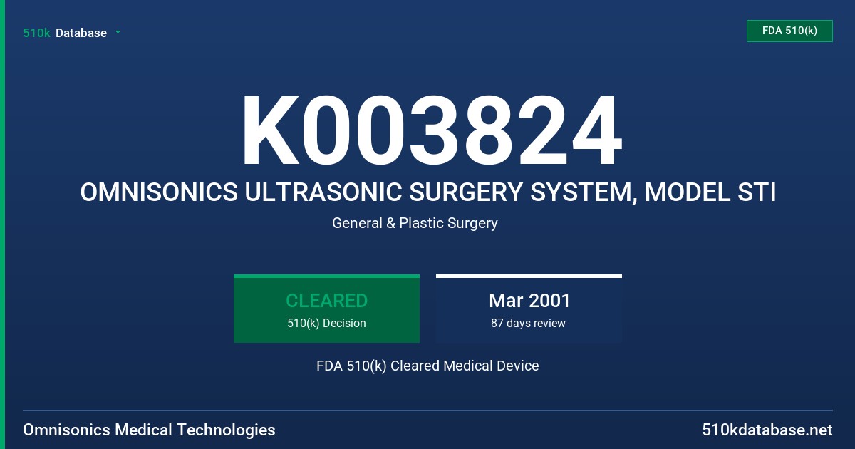 K003824 OMNISONICS ULTRASONIC SURGERY SYSTEM, MODEL STI FDA 510(k) Cleared Medical Device