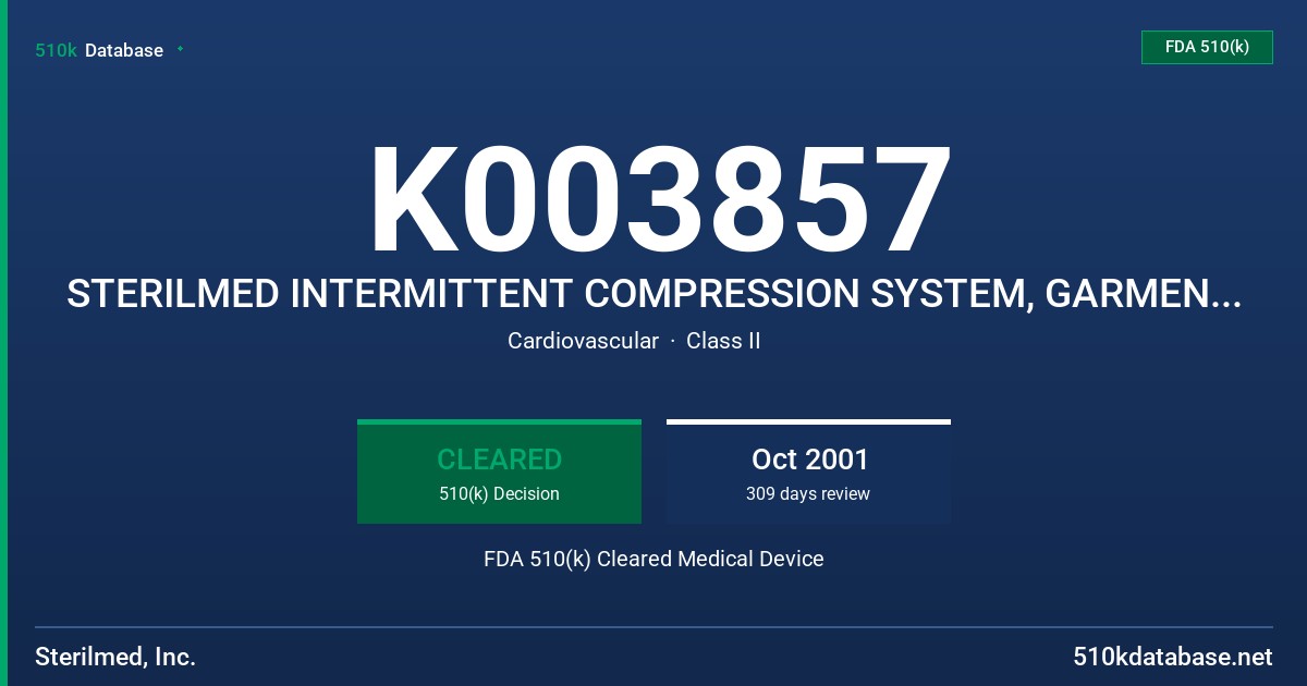 K003857 STERILMED INTERMITTENT COMPRESSION SYSTEM, GARMENT MODELS 400 SERIES FDA 510(k) Cleared Medical Device