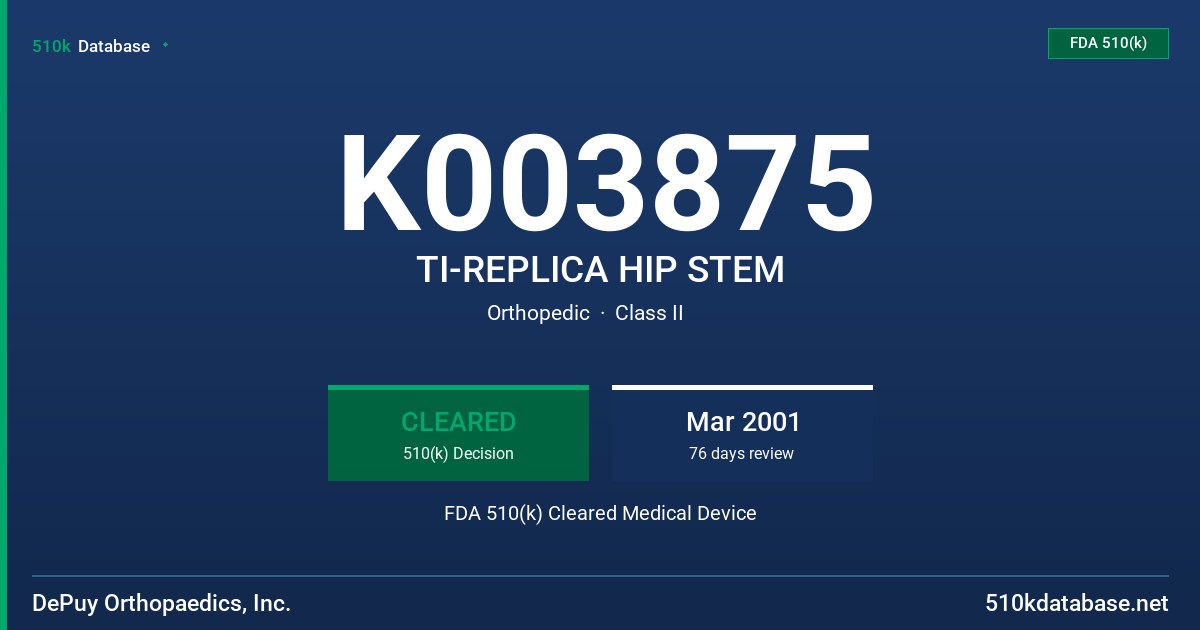 K003875 TI-REPLICA HIP STEM FDA 510(k) Cleared Medical Device