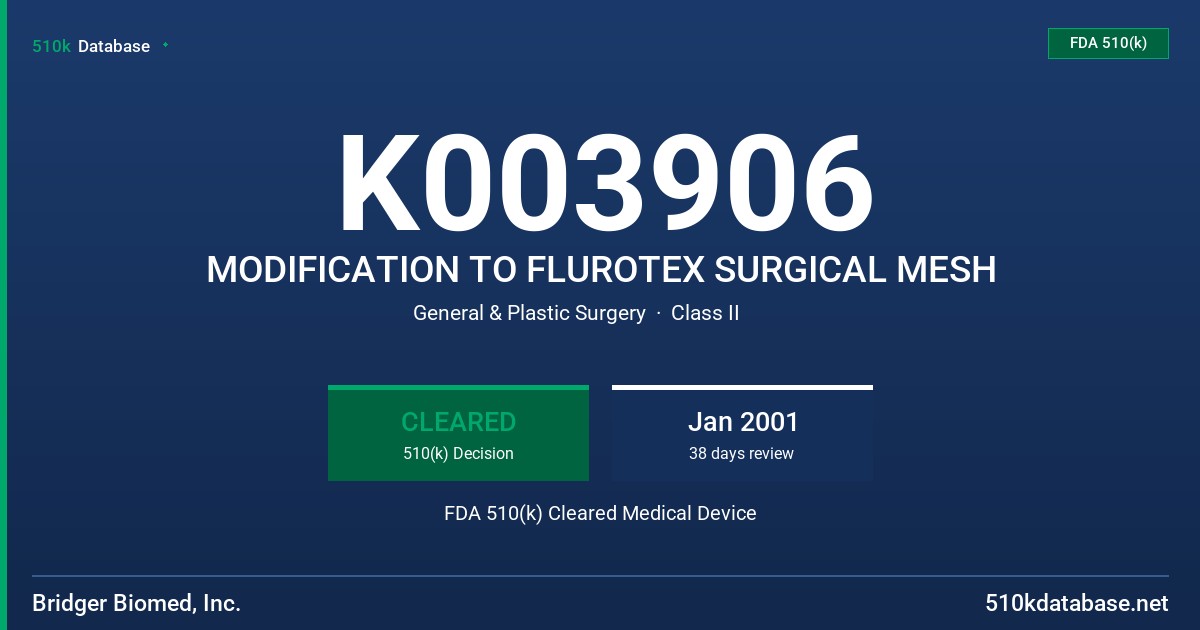 K003906 MODIFICATION TO FLUROTEX SURGICAL MESH FDA 510(k) Cleared Medical Device
