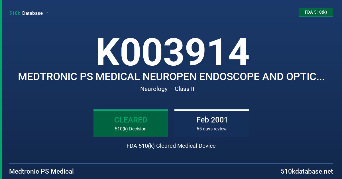 K003914 MEDTRONIC PS MEDICAL NEUROPEN ENDOSCOPE AND OPTICAL ACCESSORIES FDA 510(k) Cleared Medical Device