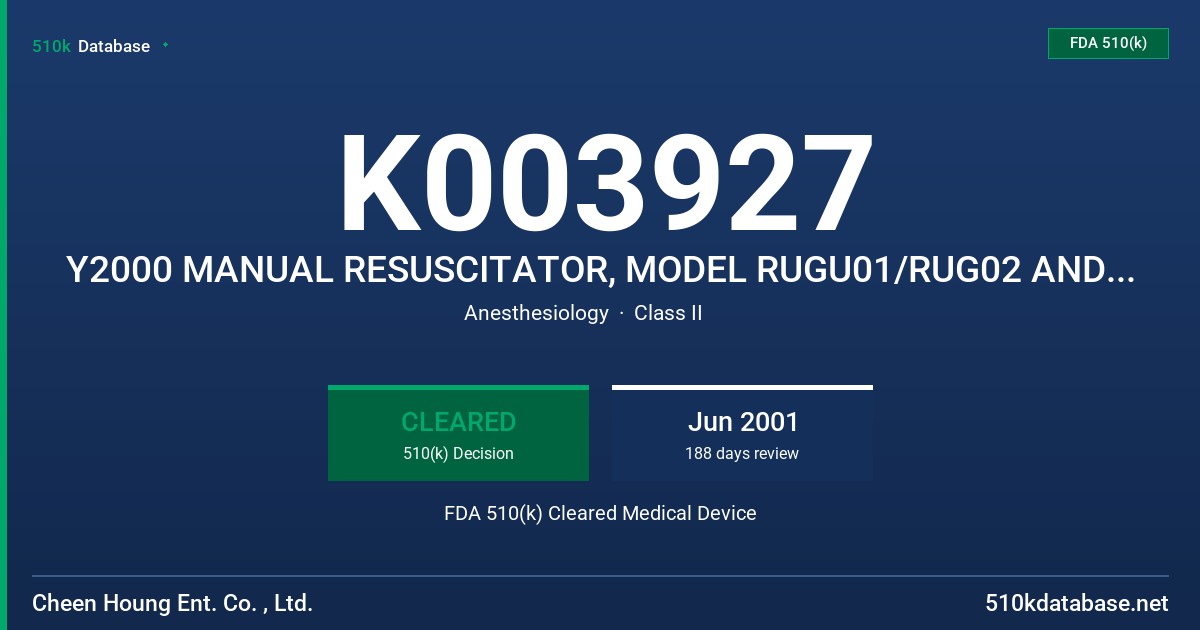 K003927 Y2000 MANUAL RESUSCITATOR, MODEL RUGU01/RUG02 AND RUGH01/RUGH02 FDA 510(k) Cleared Medical Device