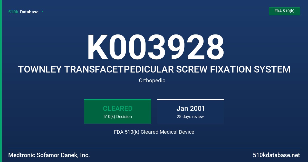 K003928 TOWNLEY TRANSFACETPEDICULAR SCREW FIXATION SYSTEM FDA 510(k) Cleared Medical Device