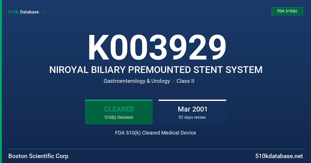 K003929 NIROYAL BILIARY PREMOUNTED STENT SYSTEM FDA 510(k) Cleared Medical Device