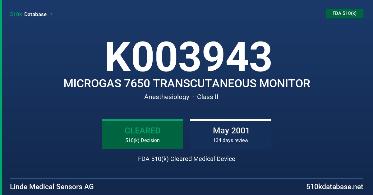 K003943 MICROGAS 7650 TRANSCUTANEOUS MONITOR FDA 510(k) Cleared Medical Device