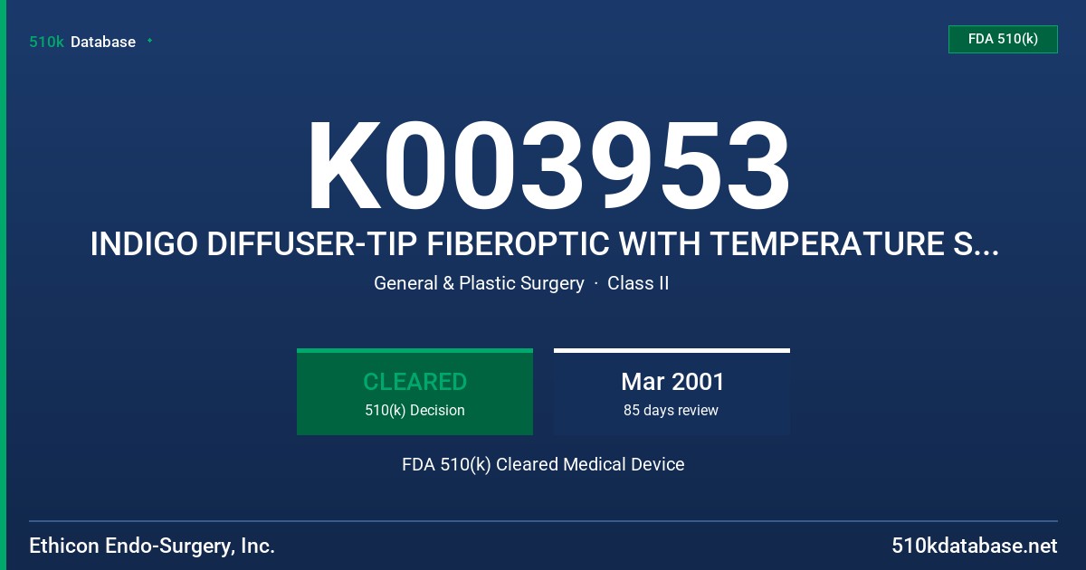 K003953 INDIGO DIFFUSER-TIP FIBEROPTIC WITH TEMPERATURE SENSING OPTION, MODEL LF001 FDA 510(k) Cleared Medical Device