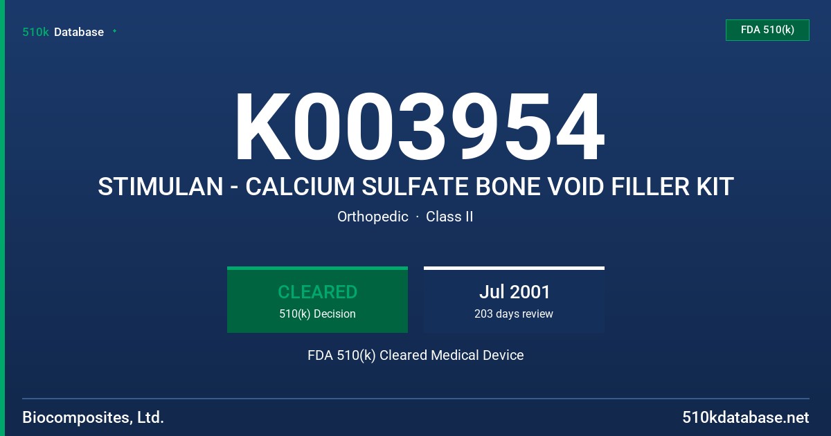 K003954 STIMULAN - CALCIUM SULFATE BONE VOID FILLER KIT FDA 510(k) Cleared Medical Device