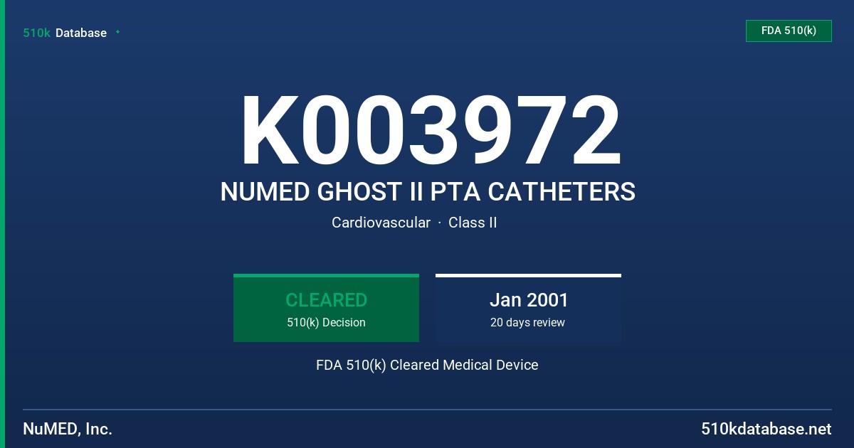 K003972 NUMED GHOST II PTA CATHETERS FDA 510(k) Cleared Medical Device