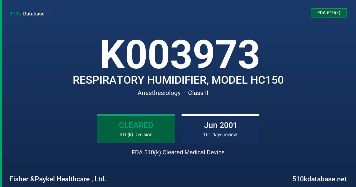 K003973 RESPIRATORY HUMIDIFIER, MODEL HC150 FDA 510(k) Cleared Medical Device