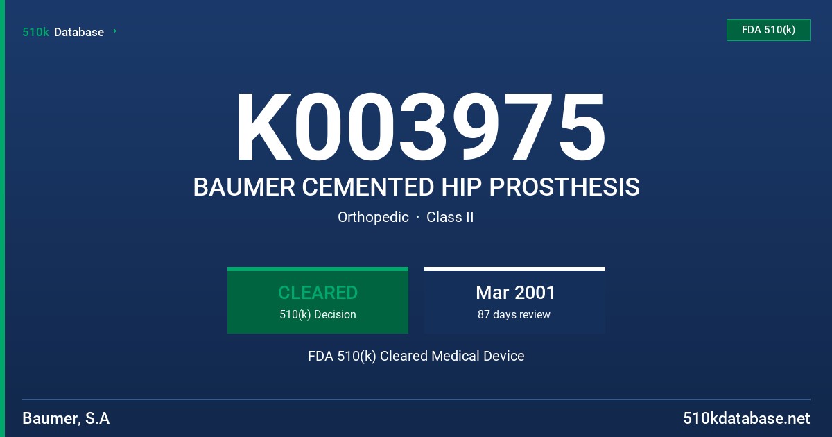 K003975 BAUMER CEMENTED HIP PROSTHESIS FDA 510(k) Cleared Medical Device