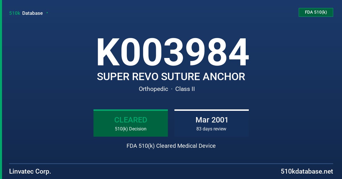 K003984 SUPER REVO SUTURE ANCHOR FDA 510(k) Cleared Medical Device