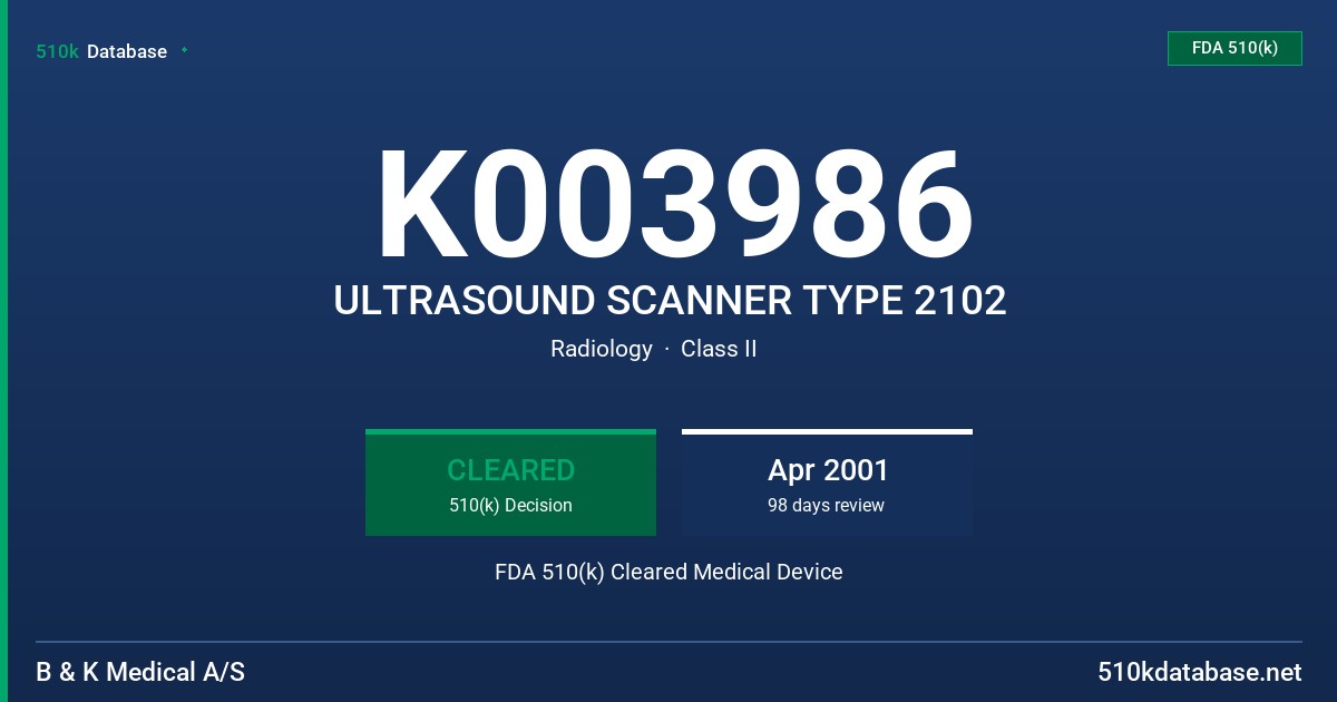 K003986 ULTRASOUND SCANNER TYPE 2102 FDA 510(k) Cleared Medical Device