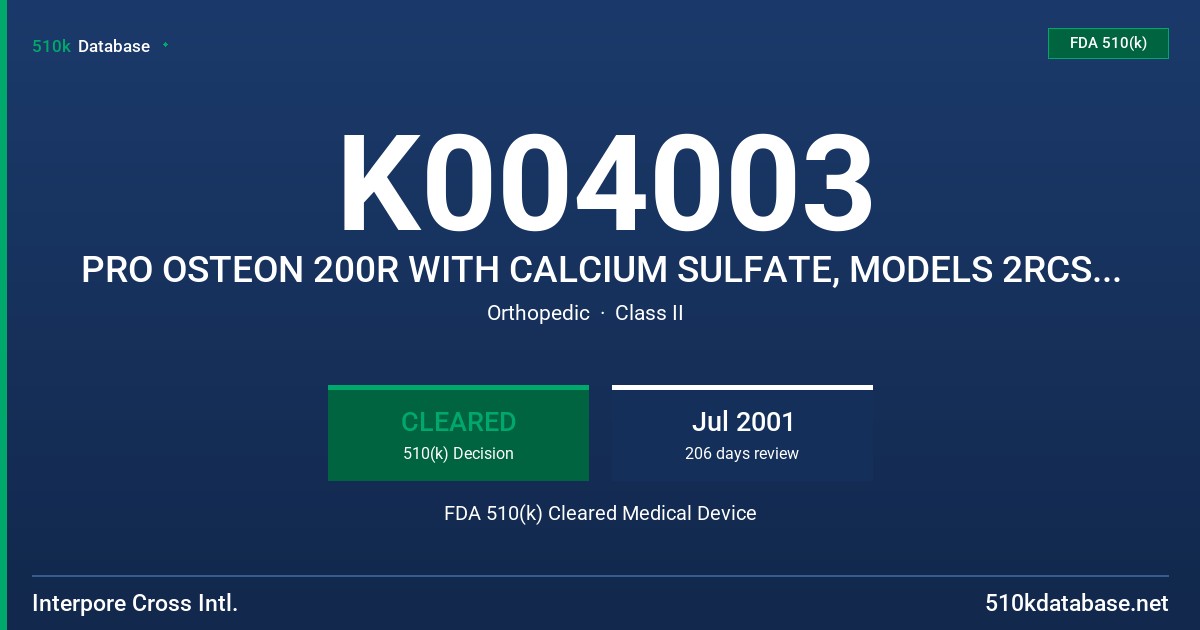 K004003 PRO OSTEON 200R WITH CALCIUM SULFATE, MODELS 2RCS038, 2RCS050, 2RCS075, 2RCS10, 2RCS15, 2RCS20, 2RCS225, 2RCS30 FDA 510(k) Cleared Medical Device