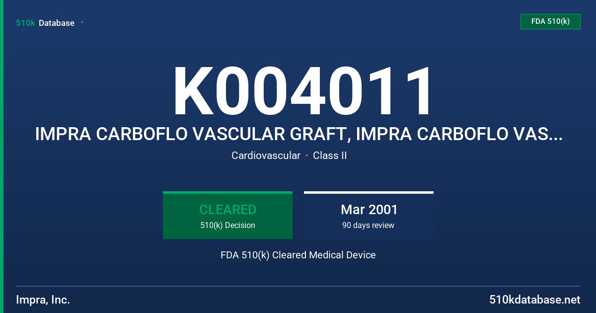 K004011 IMPRA CARBOFLO VASCULAR GRAFT, IMPRA CARBOFLO VASCULAR GRAFTS FOR A-V ACCESS FDA 510(k) Cleared Medical Device