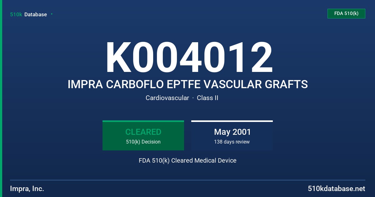 K004012 IMPRA CARBOFLO EPTFE VASCULAR GRAFTS FDA 510(k) Cleared Medical Device