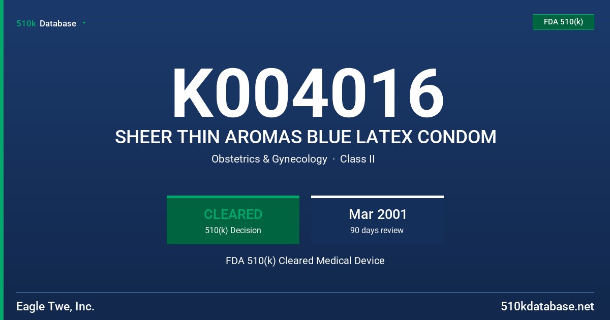 K004016 SHEER THIN AROMAS BLUE LATEX CONDOM FDA 510(k) Cleared Medical Device
