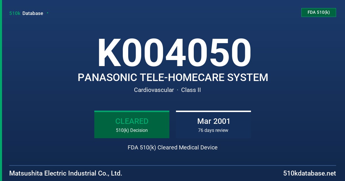 K004050 PANASONIC TELE-HOMECARE SYSTEM FDA 510(k) Cleared Medical Device