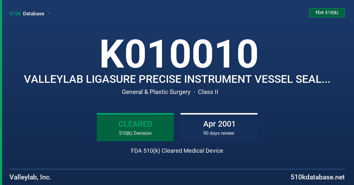 K010010 VALLEYLAB LIGASURE PRECISE INSTRUMENT VESSEL SEALING SYSTEM-MODEL # LS1200 & SLIGAURE GENERATOR FDA 510(k) Cleared Medical Device