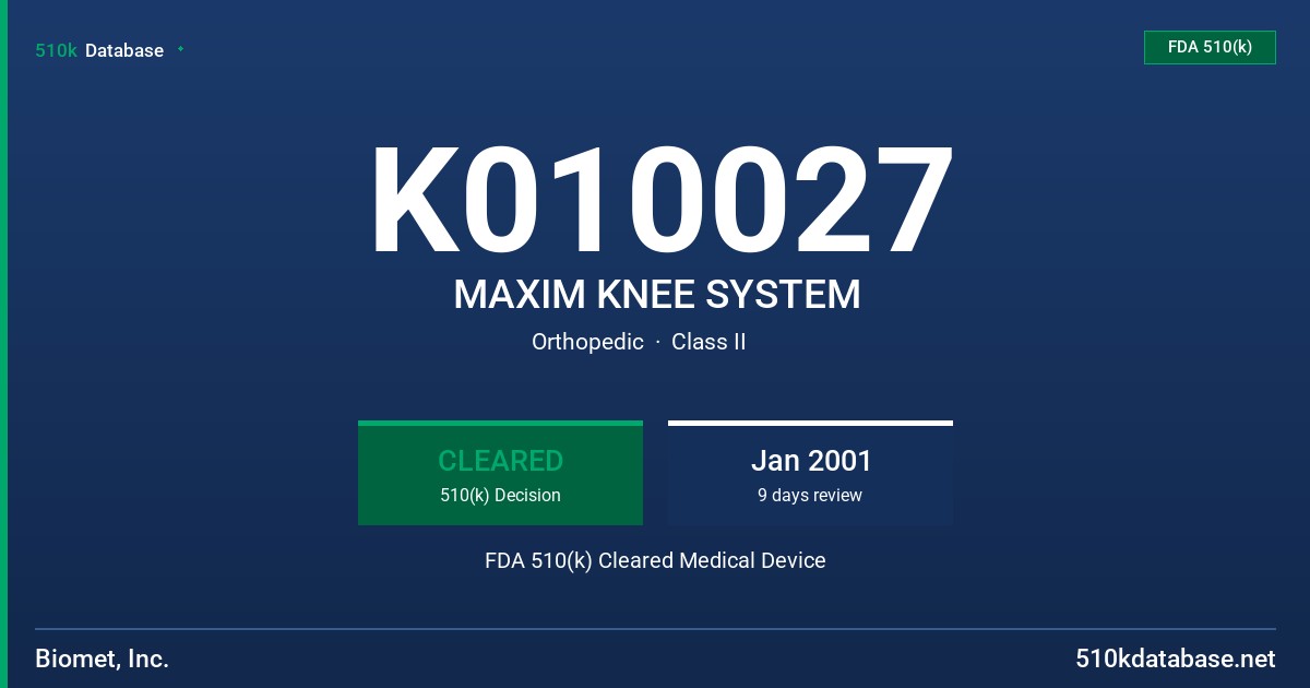 K010027 MAXIM KNEE SYSTEM FDA 510(k) Cleared Medical Device