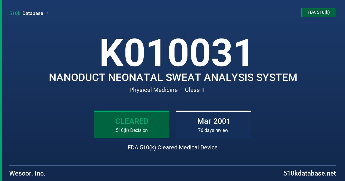 K010031 NANODUCT NEONATAL SWEAT ANALYSIS SYSTEM FDA 510(k) Cleared Medical Device