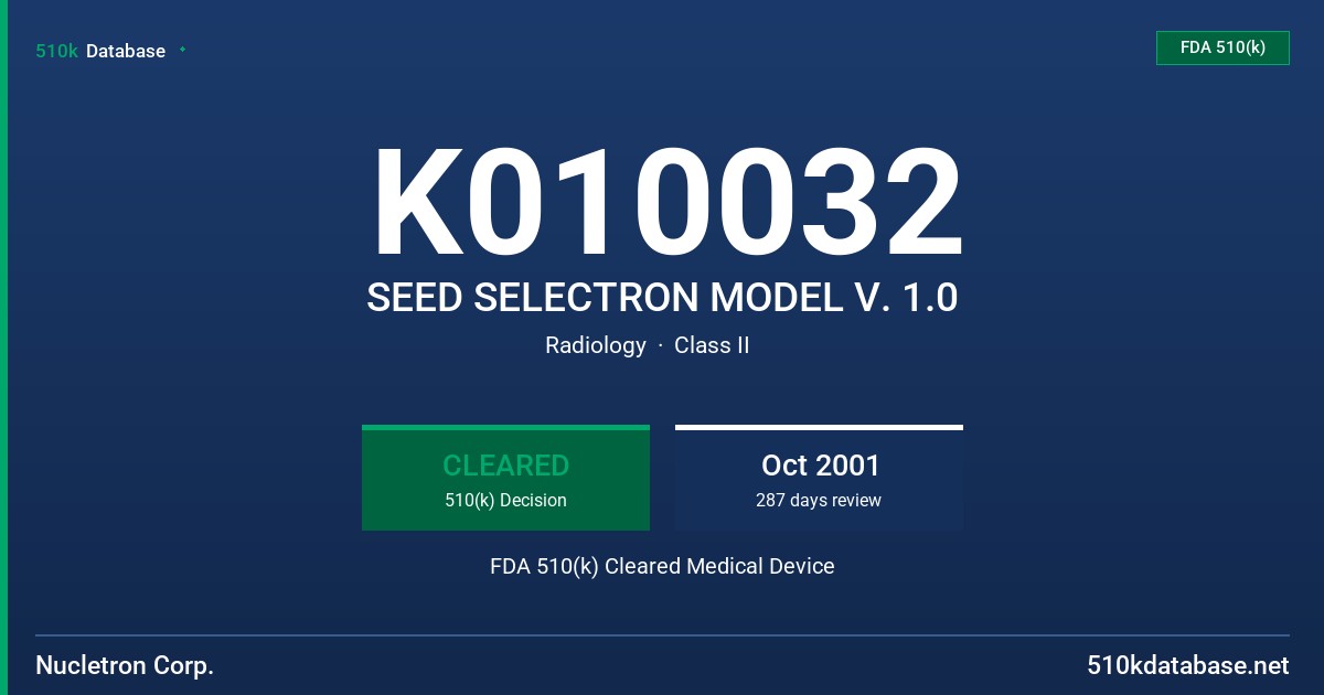 K010032 SEED SELECTRON MODEL V. 1.0 FDA 510(k) Cleared Medical Device