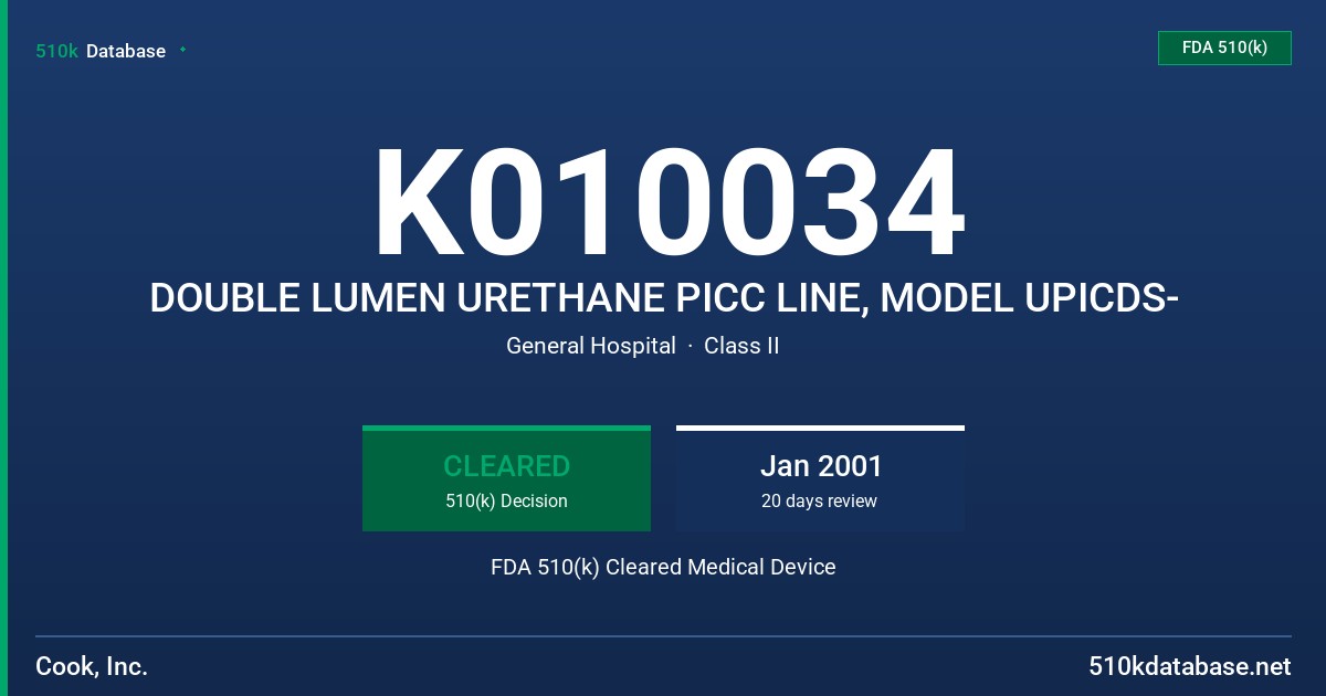 K010034 DOUBLE LUMEN URETHANE PICC LINE, MODEL UPICDS- FDA 510(k) Cleared Medical Device