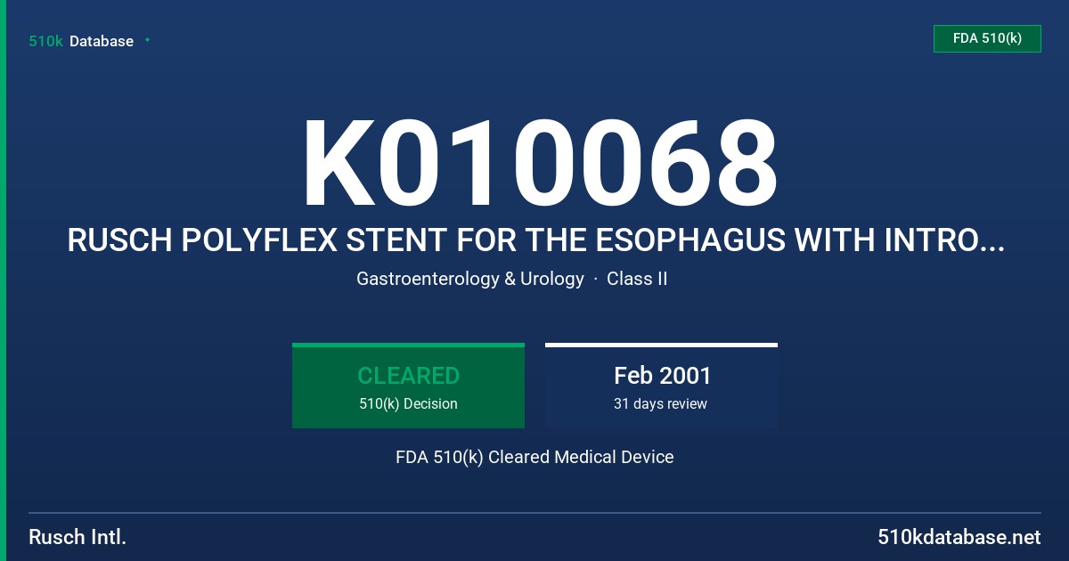K010068 RUSCH POLYFLEX STENT FOR THE ESOPHAGUS WITH INTRODUCER SYSTEM FDA 510(k) Cleared Medical Device
