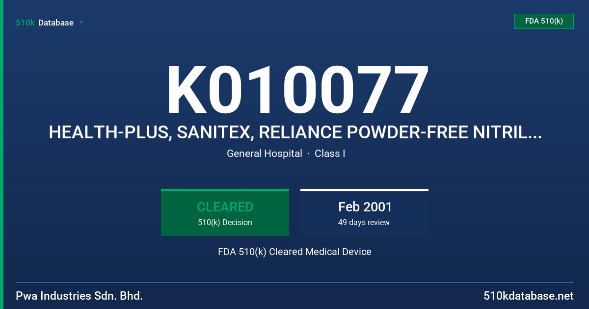 K010077 HEALTH-PLUS, SANITEX, RELIANCE POWDER-FREE NITRILE EXAMINATION GLOVES FDA 510(k) Cleared Medical Device