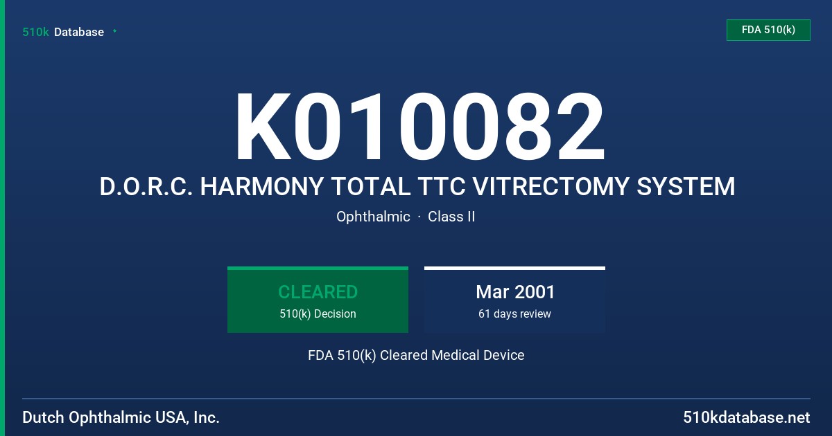 K010082 D.O.R.C. HARMONY TOTAL TTC VITRECTOMY SYSTEM FDA 510(k) Cleared Medical Device