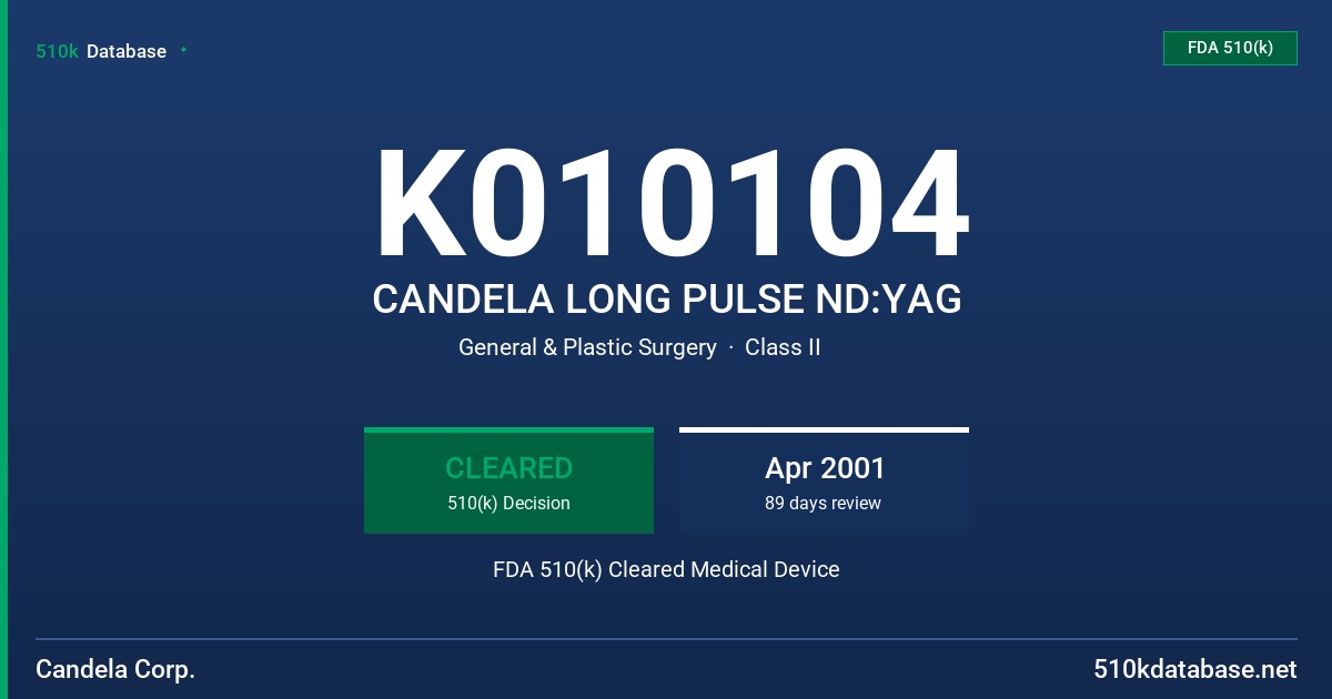 K010104 CANDELA LONG PULSE ND:YAG FDA 510(k) Cleared Medical Device
