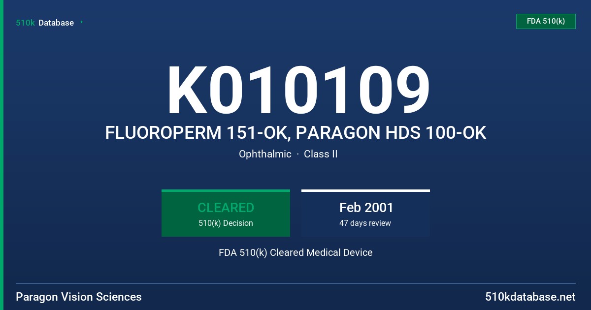 K010109 FLUOROPERM 151-OK, PARAGON HDS 100-OK FDA 510(k) Cleared Medical Device